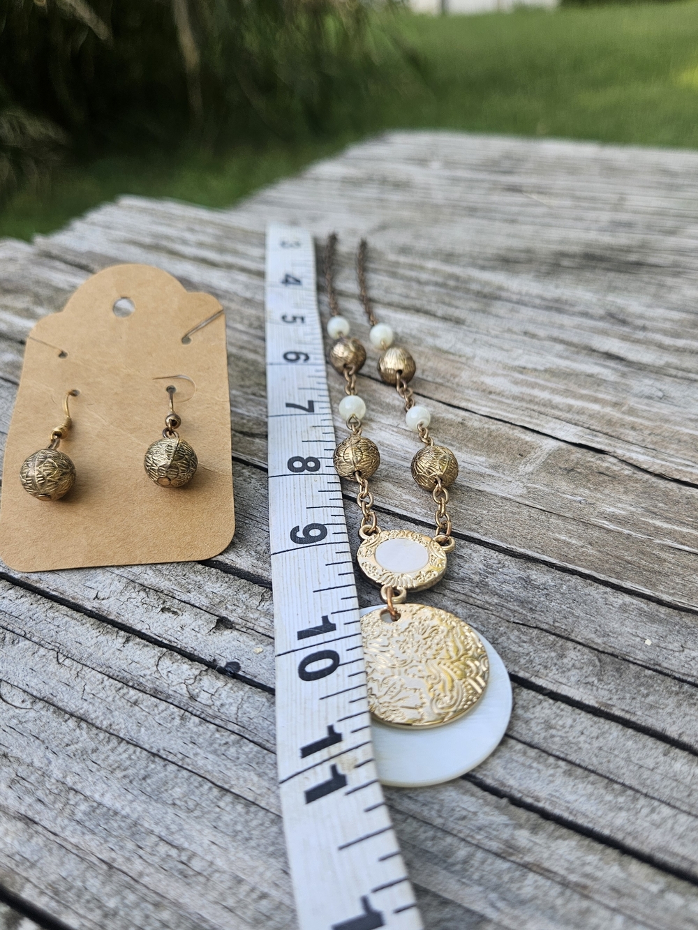 Gold-tone textured Sphere Disc Dangle earrings with a Matching Necklace